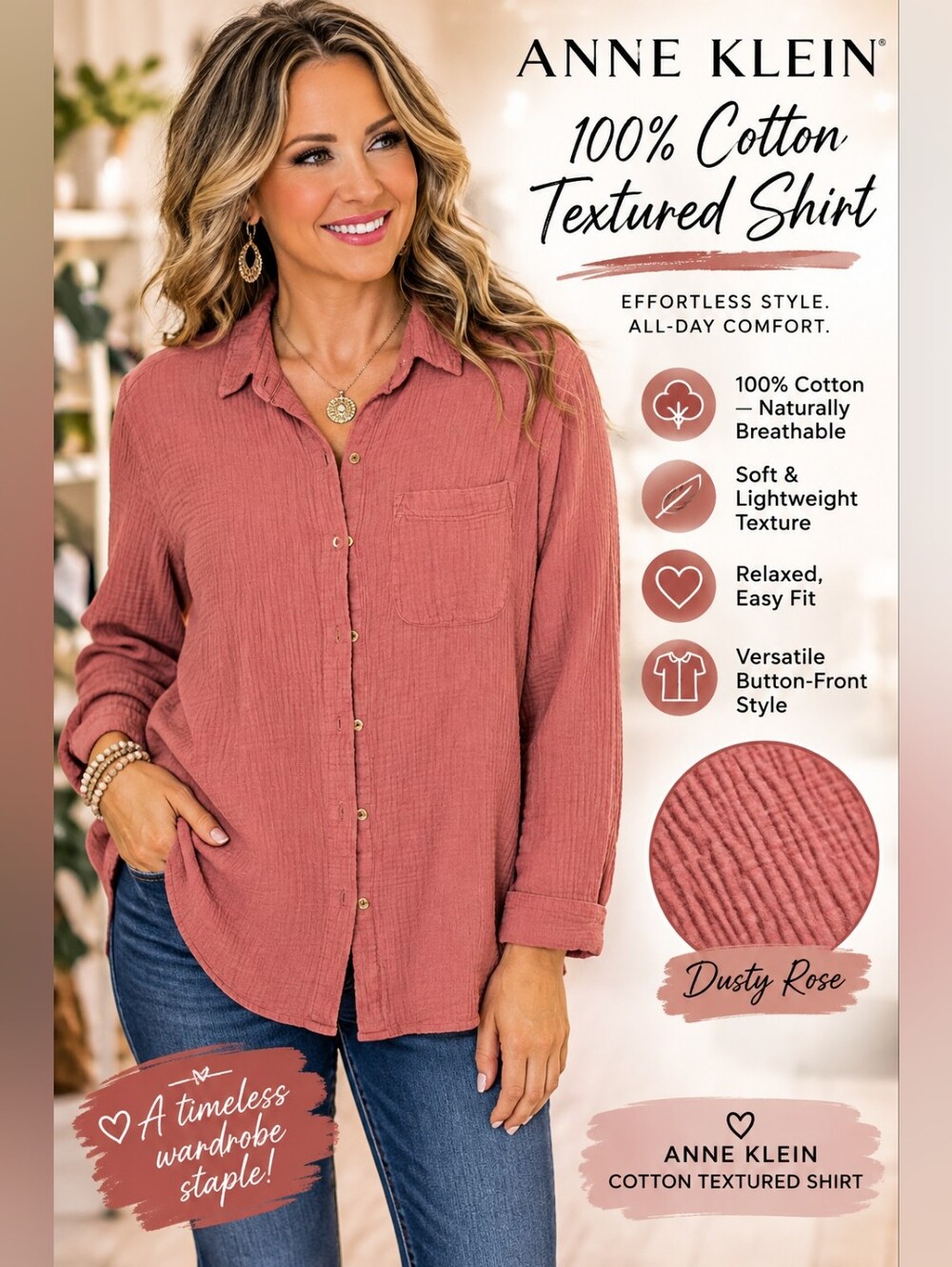 Anne Klein Cotton Textured Button-Front Shirt - Dusty Rose - Picture 1 of 11